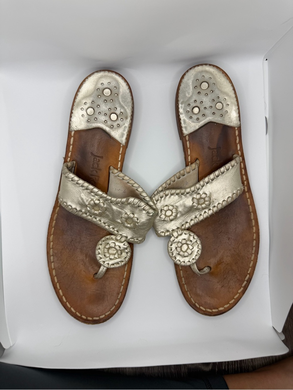 Jack Rogers Metallic Gold Leather Floral Thong Sandals